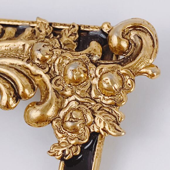 Vintage Brooch Black Enamel Baroque Revival Square Art Frame Gold Tone Pin - Picture 4 of 9